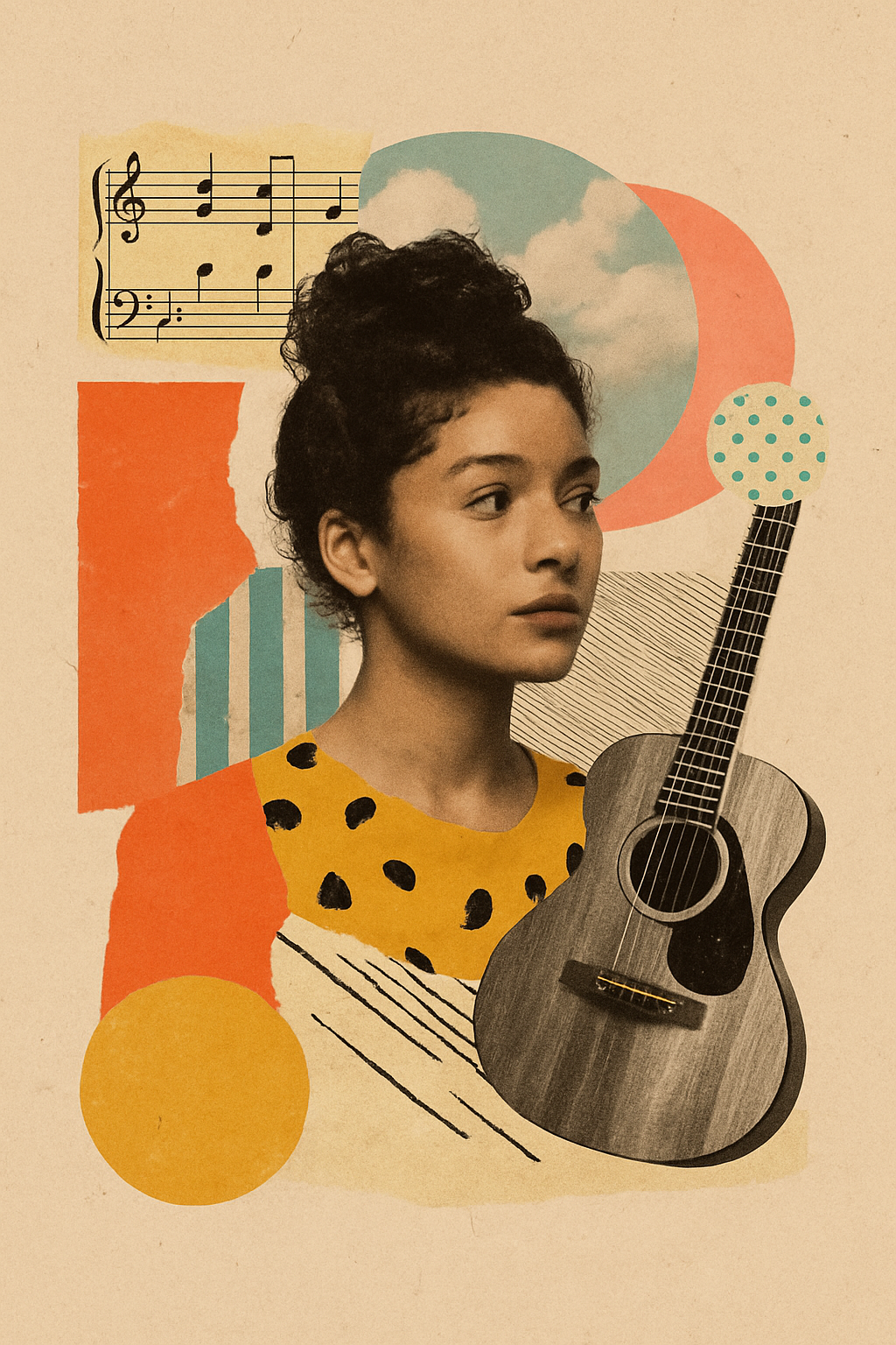 Collage visual con estilo analógico, retrato femenino rodeado de recortes gráficos, texturas vintage y elementos musicales.