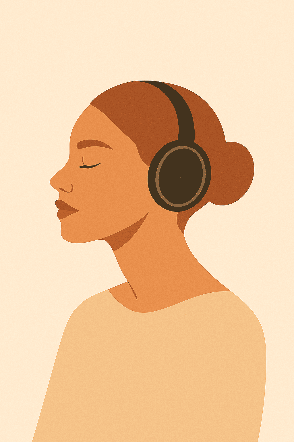 Ilustración minimalista de mujer con auriculares oscuros, fondo beige claro y expresión serena