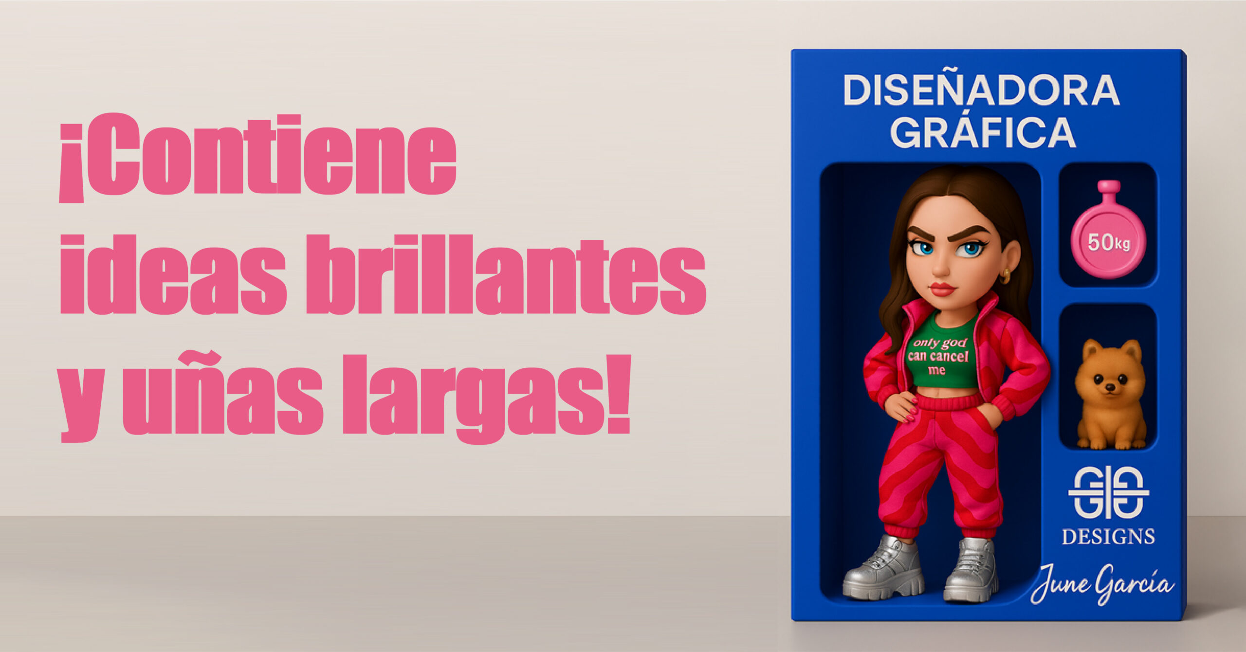 Representación visual de June García como muñeca de diseño, identidad creativa de GGDesigns.