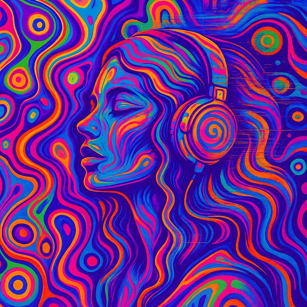 Ilustración digital de estilo psicodélico con glitch, mujer con auriculares rodeada de ondas de color intensas y vibrantes.