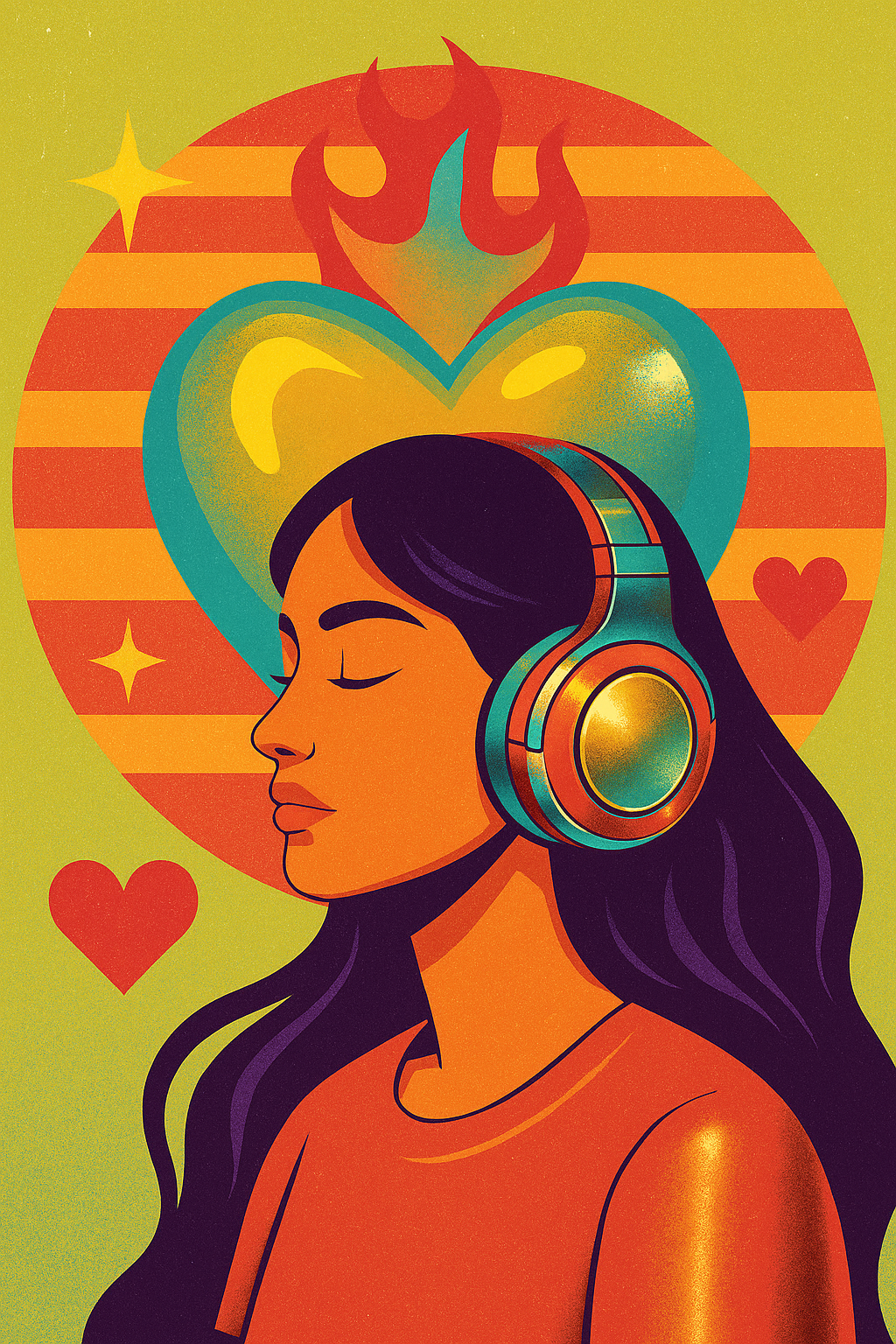 Mujer con auriculares futuristas, fondo con corazón dorado y llamas, estética retrofuturista en colores saturados.